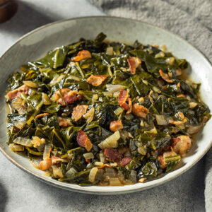 Southern style collard greens with onions and bacon