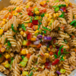 Italian pasta salad in a white bowl