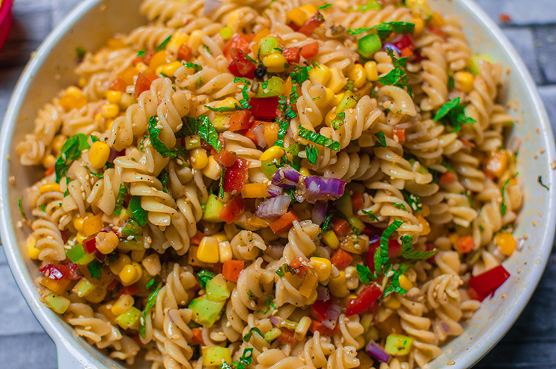 Pasta Salad Italian pasta salad in a white bowl
